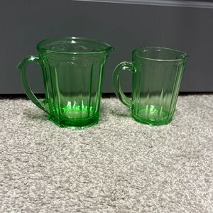 Vintage Hazel Atlas Green glass pitcher set of 2 ribbon pattern paneled design